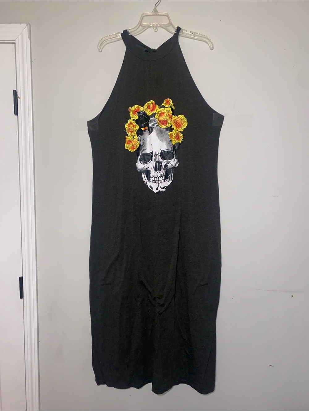 Black Maxi Dress with Skull & Yellow Floral Accent